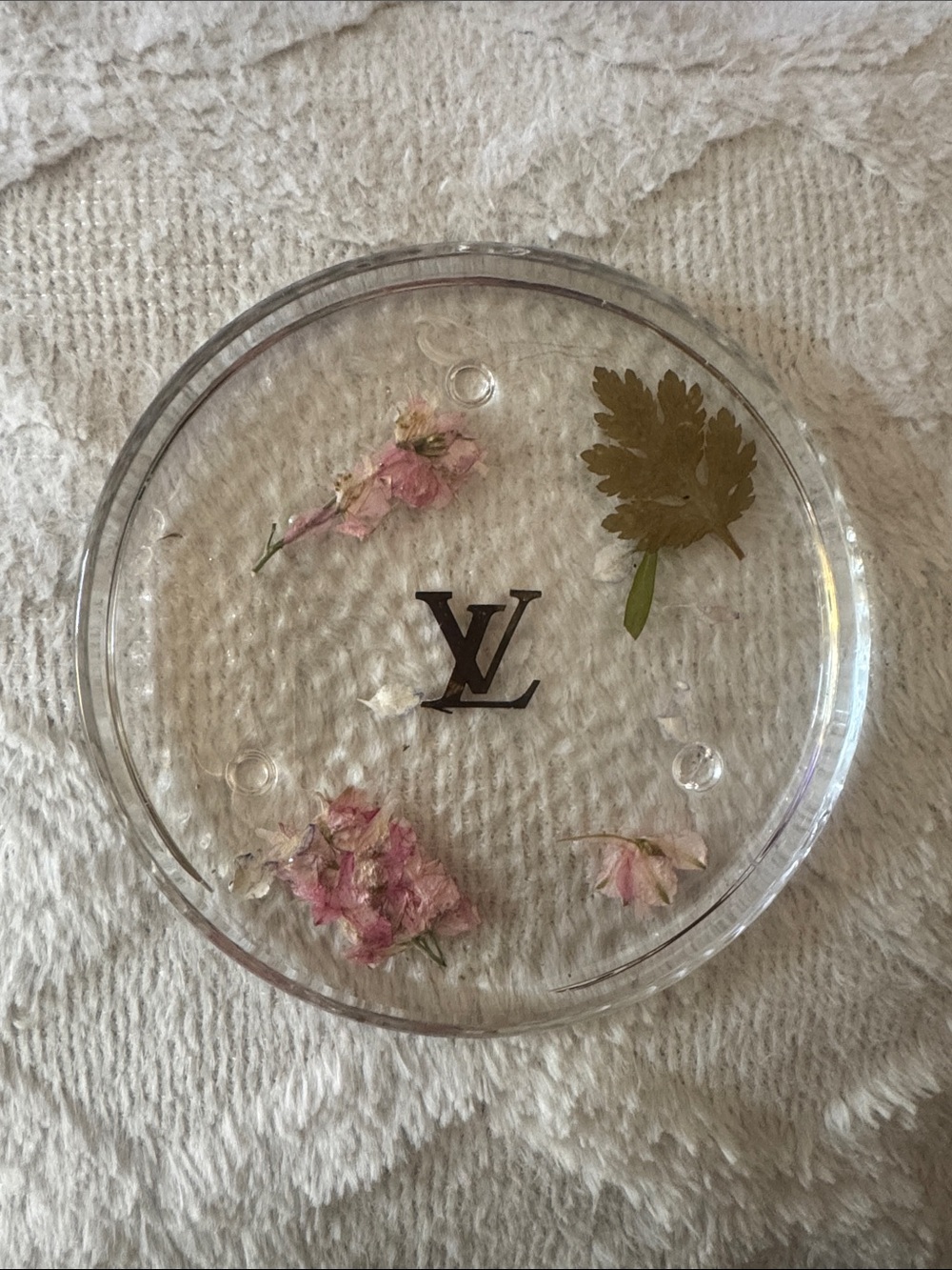 Upcycled Louis Vuitton Clear Resin Trinket Dish with Pink Flowers and Green Leaf